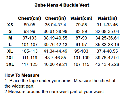 2025 Jobe Mens 4 Buckle Vest 0 Tabla de Tallas